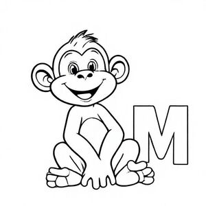 Playful cartoon monkey sitting with curly tail and smiling face, big capital letter “M” beside it, bold line art, black-and-white, easy to colour.

