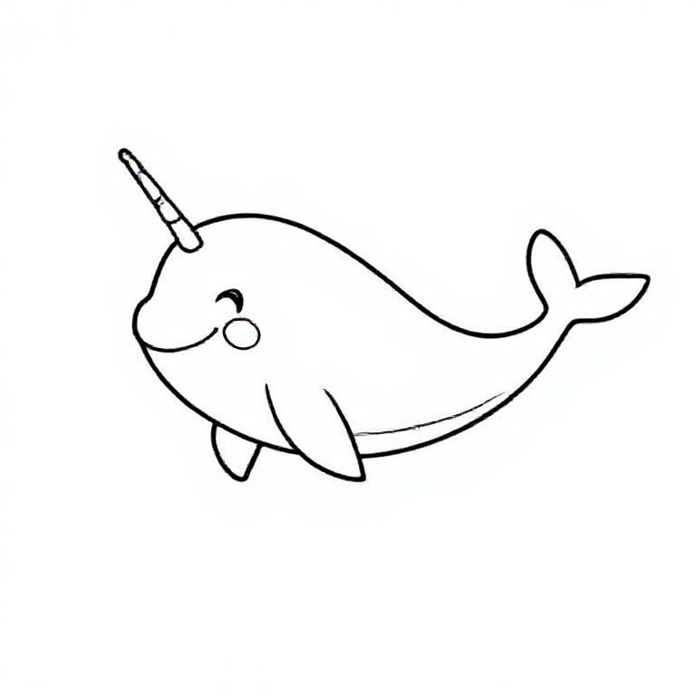Cute cartoon narwhal with small tusk and smiling face, swimming next to big capital letter “N”, simple curves, bold black outlines, kids ocean colouring page.

