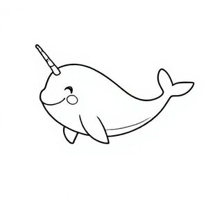Cute cartoon narwhal with small tusk and smiling face, swimming next to big capital letter “N”, simple curves, bold black outlines, kids ocean colouring page.

