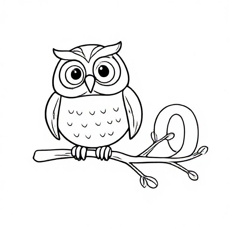 Round cartoon owl sitting on a branch, big eyes and simple feathers, big capital letter “O” beside it, black-and-white line art, thick outlines, colouring page.