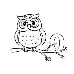 Round cartoon owl sitting on a branch, big eyes and simple feathers, big capital letter “O” beside it, black-and-white line art, thick outlines, colouring page.