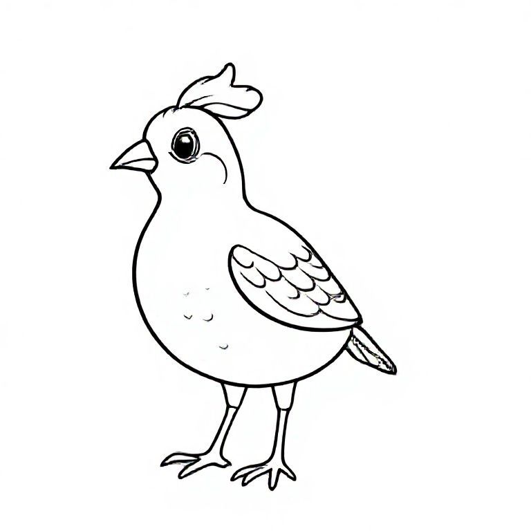 Cute cartoon quail standing with small plume on head, big capital letter “Q” beside it, simple rounded shapes, bold black outlines, kids colouring sheet.