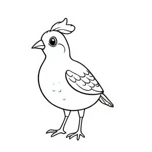 Cute cartoon quail standing with small plume on head, big capital letter “Q” beside it, simple rounded shapes, bold black outlines, kids colouring sheet.