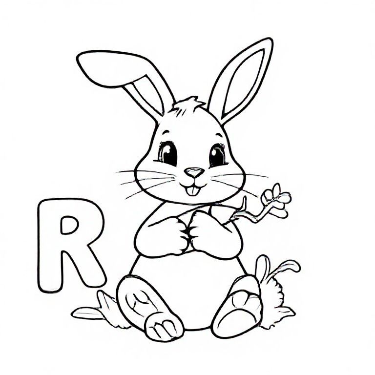 Cute cartoon rabbit sitting with long ears and fluffy tail, holding a carrot, big capital letter “R” beside it, thick black-and-white line art, kids colouring page.

