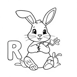 Cute cartoon rabbit sitting with long ears and fluffy tail, holding a carrot, big capital letter “R” beside it, thick black-and-white line art, kids colouring page.

