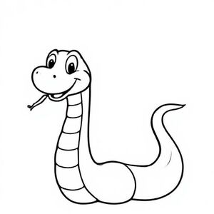 Friendly cartoon snake with simple curves and a small tongue out, coiled beside big capital letter “S”, bold black outlines, no background, kids colouring page.