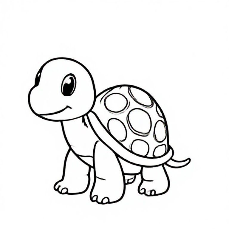 Cute cartoon turtle with simple shell pattern, standing next to big capital letter “T”, thick black line art, minimal details, kids colouring page.

