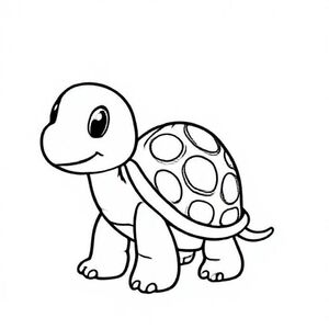 Cute cartoon turtle with simple shell pattern, standing next to big capital letter “T”, thick black line art, minimal details, kids colouring page.

