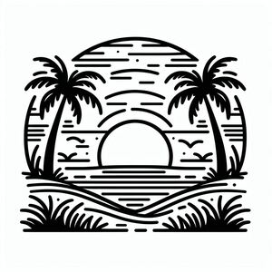 A black and white drawing of a sunset with palm trees