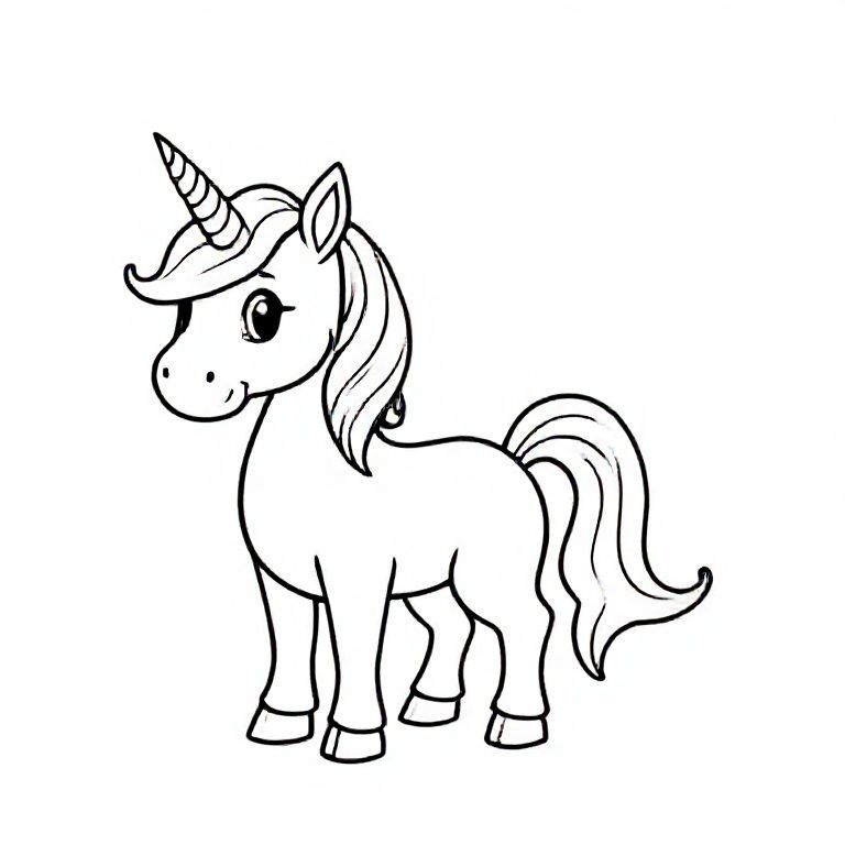 Simple cartoon unicorn with small horn and flowing mane, standing beside big capital letter “U”, bold black outlines, magical but easy design, kids colouring page.