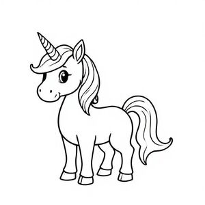 Simple cartoon unicorn with small horn and flowing mane, standing beside big capital letter “U”, bold black outlines, magical but easy design, kids colouring page.