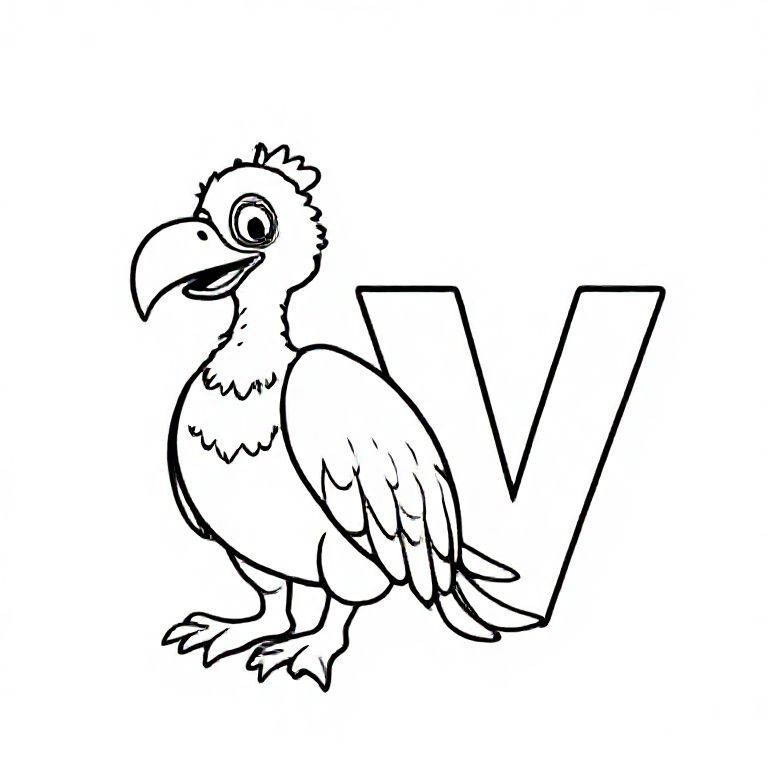 Funny non-scary cartoon vulture with round body and small wings, sitting beside big capital letter “V”, simple black-and-white line drawing, thick outlines.