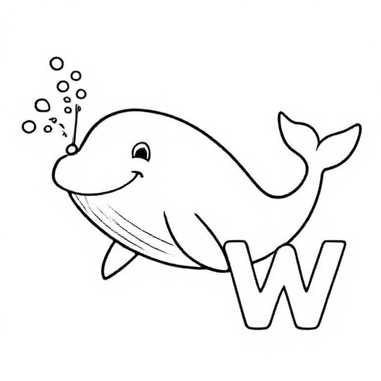 Smiling cartoon whale spraying water from blowhole, big capital letter “W” beside it, bold black line art, easy shapes for kids to colour.