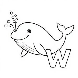 Smiling cartoon whale spraying water from blowhole, big capital letter “W” beside it, bold black line art, easy shapes for kids to colour.