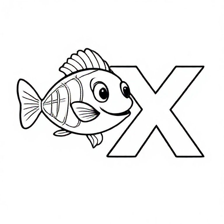 Simple cartoon x-ray fish (small fish with visible simple bone shapes), swimming next to big capital letter “X”, black-and-white line art, thick outlines, kids colouring page.