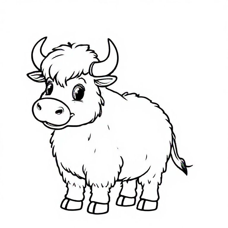 Cute fluffy cartoon yak with small horns and big round body, standing beside big capital letter “Y”, bold outlines, simple details, kids colouring sheet.