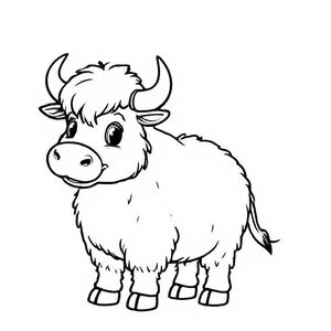 Cute fluffy cartoon yak with small horns and big round body, standing beside big capital letter “Y”, bold outlines, simple details, kids colouring sheet.