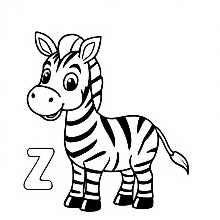 Cute smiling cartoon zebra standing upright, simple bold black stripes, large friendly eyes, rounded body, thick smooth outline. A big capital letter ‘Z’ placed clearly beside the zebra, matching style. Clean minimal background, no shading, easy-to-colour spaces, perfect for kids’ colouring book, crisp black-and-white line art.”