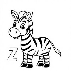 Cute smiling cartoon zebra standing upright, simple bold black stripes, large friendly eyes, rounded body, thick smooth outline. A big capital letter ‘Z’ placed clearly beside the zebra, matching style. Clean minimal background, no shading, easy-to-colour spaces, perfect for kids’ colouring book, crisp black-and-white line art.”