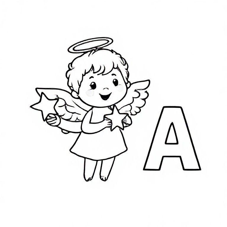 Cute simple cartoon angel with small wings and halo, holding a star, big capital letter “A” beside it, bold black outline, kids colouring page.
