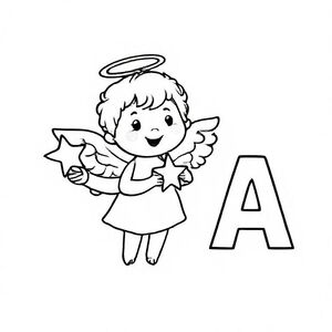 Cute simple cartoon angel with small wings and halo, holding a star, big capital letter “A” beside it, bold black outline, kids colouring page.