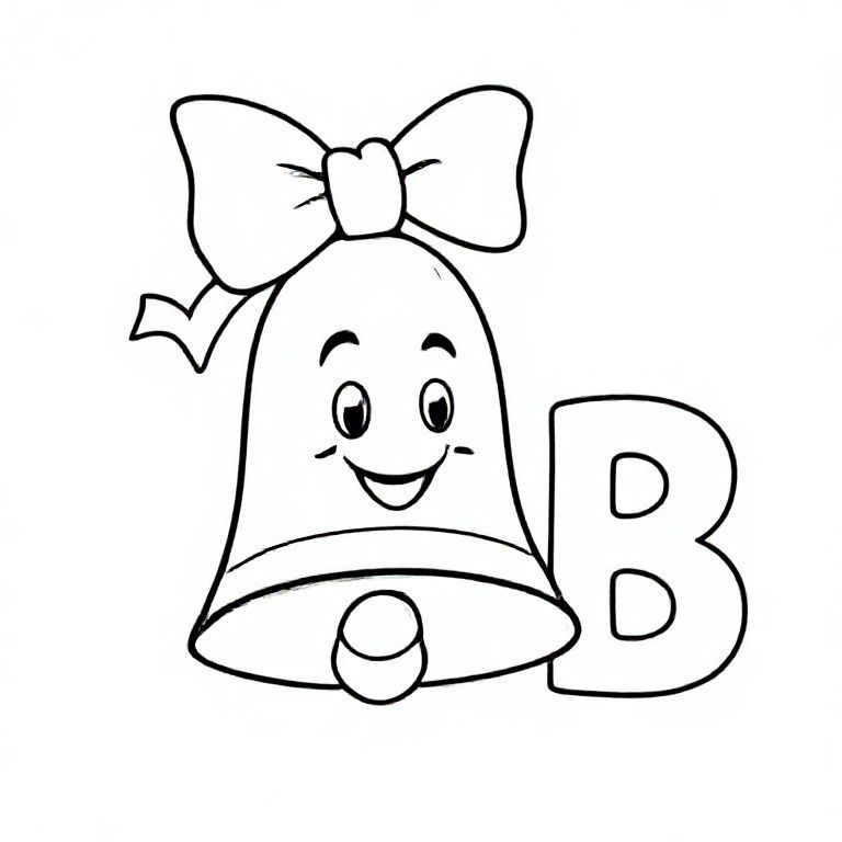 Smiling cartoon Christmas bell with ribbon on top, big capital letter “B” beside it, thick outline, minimal details, colouring page.