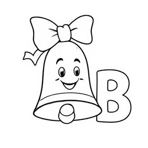 Smiling cartoon Christmas bell with ribbon on top, big capital letter “B” beside it, thick outline, minimal details, colouring page.