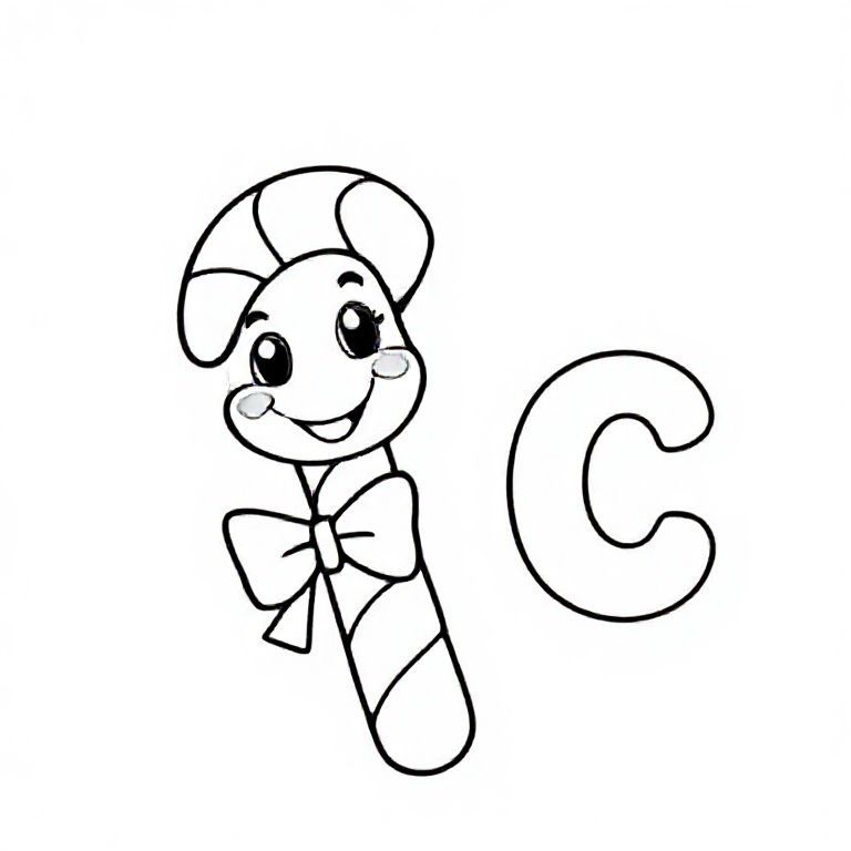 Happy cartoon candy cane with cute face and small bow, big letter “C” beside it, bold outline, kids colouring book style.