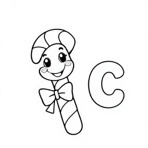 Happy cartoon candy cane with cute face and small bow, big letter “C” beside it, bold outline, kids colouring book style.