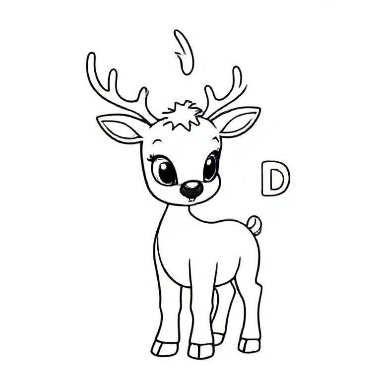 Cute baby reindeer standing with big eyes and tiny antlers, letter “D” beside it, thick black outline, no background.