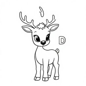 Cute baby reindeer standing with big eyes and tiny antlers, letter “D” beside it, thick black outline, no background.