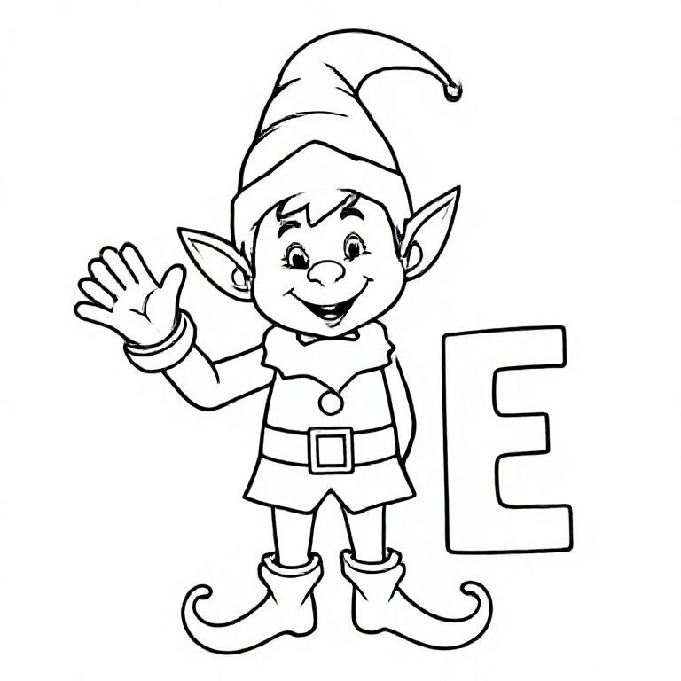 Friendly Christmas elf waving, wearing pointy hat, simple details, big letter “E” beside it, bold outline