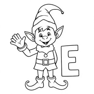 Friendly Christmas elf waving, wearing pointy hat, simple details, big letter “E” beside it, bold outline