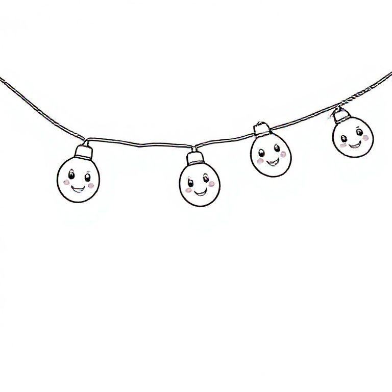 String of smiling cartoon fairy lights, each bulb with a cute face, letter “F” beside it, simple for kids colouring.
