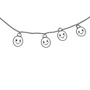 String of smiling cartoon fairy lights, each bulb with a cute face, letter “F” beside it, simple for kids colouring.
