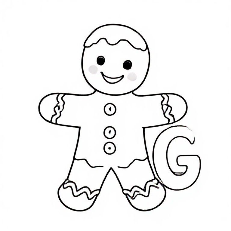 Cute gingerbread man with buttons and simple icing, big letter “G” beside it, thick outline.
