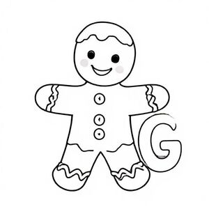 Cute gingerbread man with buttons and simple icing, big letter “G” beside it, thick outline.
