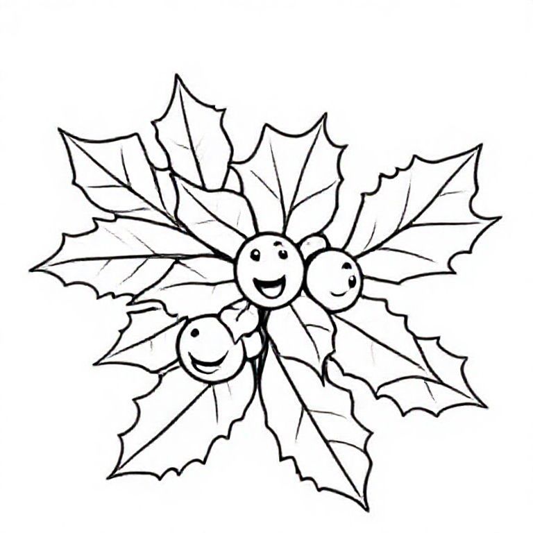 Cartoon holly leaves and three berries with smiling faces, big “H” beside it, bold outline
