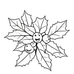 Cartoon holly leaves and three berries with smiling faces, big “H” beside it, bold outline