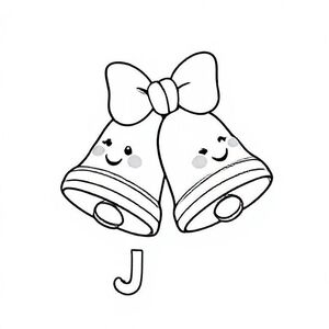 Two cute jingle bells tied with a small bow, smiling faces, letter “J” beside them, thick outline.