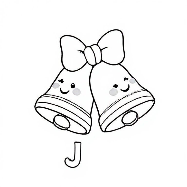 Two cute jingle bells tied with a small bow, smiling faces, letter “J” beside them, thick outline.