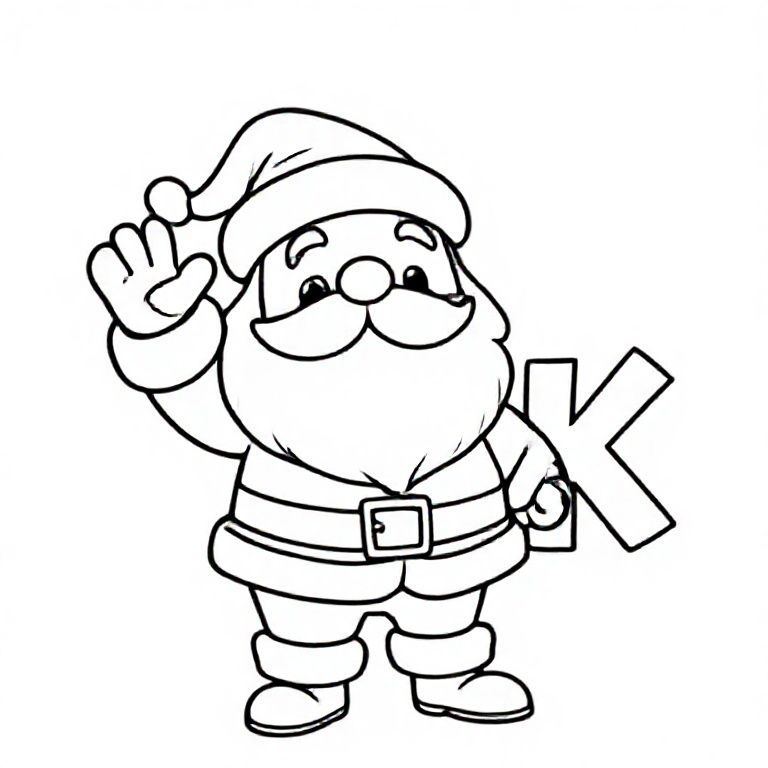 Cute chibi-style Santa waving, simple design, big letter “K” beside it