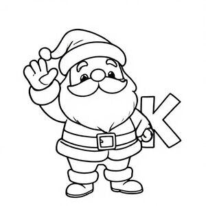 Cute chibi-style Santa waving, simple design, big letter “K” beside it