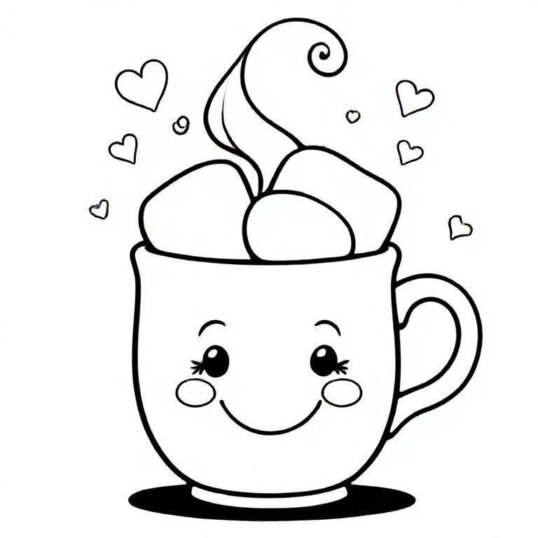 Một chiếc cốc tròn với khuôn mặt cười dễ thương ở mặt trước, hơi nước bốc lên thành những lọn tóc mượt mà, kẹo dẻo lấp ló trên đầu. Trái tim và nền ngôi sao đơn giản. Đường viền đậm dày, chi tiết tối thiểu, lý tưởng để tô màu.