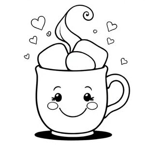 Một chiếc cốc tròn với khuôn mặt cười dễ thương ở mặt trước, hơi nước bốc lên thành những lọn tóc mượt mà, kẹo dẻo lấp ló trên đầu. Trái tim và nền ngôi sao đơn giản. Đường viền đậm dày, chi tiết tối thiểu, lý tưởng để tô màu.