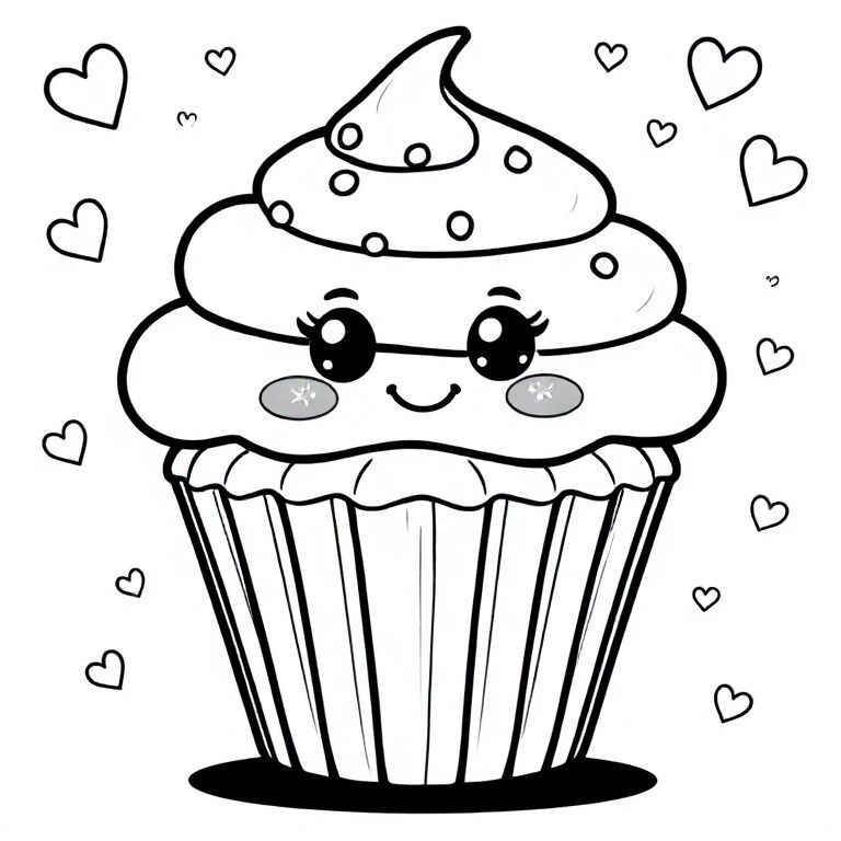 Một chiếc bánh cupcake siêu dễ thương với mặt trên phủ sương xoáy lớn, rắc tròn đơn giản, khuôn mặt dễ thương mỉm cười với đôi mắt to lấp lánh, đôi má nhỏ ửng hồng và cánh tay nhỏ mập mạp. Giấy gói bánh cupcake có các đường thẳng đứng nhẹ nhàng. Đường viền đậm dày, không đổ bóng, nền tối thiểu của trái tim trôi nổi và những ngôi sao nhỏ, kiểu trang tô màu đen trắng sạch sẽ.