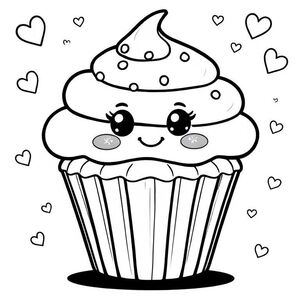 Một chiếc bánh cupcake siêu dễ thương với mặt trên phủ sương xoáy lớn, rắc tròn đơn giản, khuôn mặt dễ thương mỉm cười với đôi mắt to lấp lánh, đôi má nhỏ ửng hồng và cánh tay nhỏ mập mạp. Giấy gói bánh cupcake có các đường thẳng đứng nhẹ nhàng. Đường viền đậm dày, không đổ bóng, nền tối thiểu của trái tim trôi nổi và những ngôi sao nhỏ, kiểu trang tô màu đen trắng sạch sẽ.