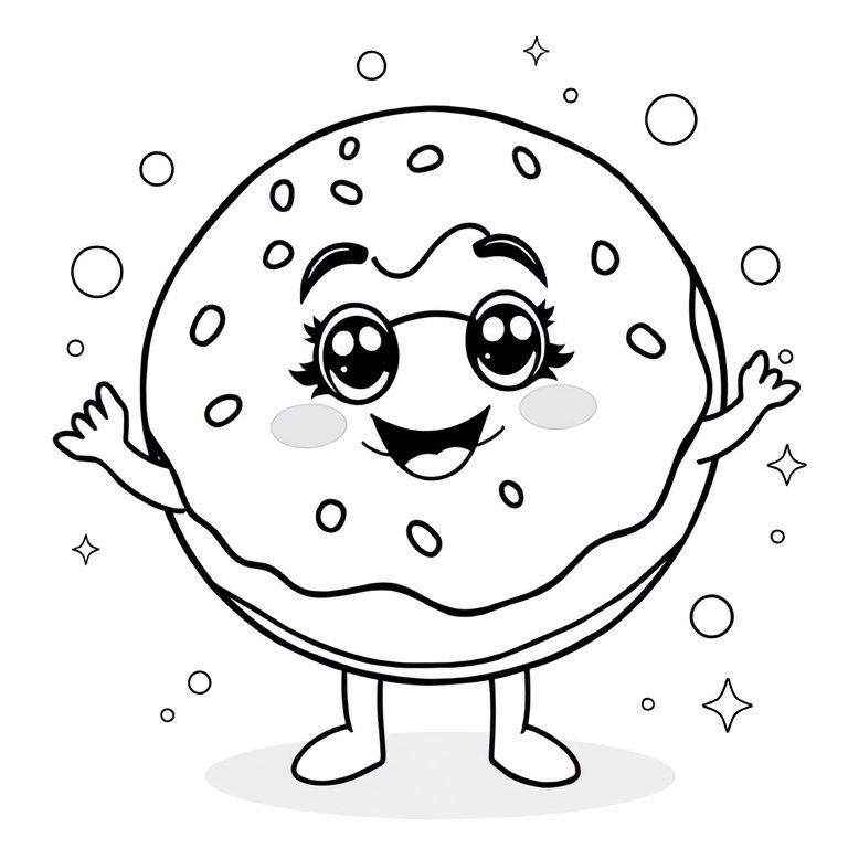 Một nhân vật bánh rán tròn với lớp kem nhỏ giọt mịn, những nếp tròn nhỏ cách đều nhau, khuôn mặt to đáng yêu với đôi mắt sáng bóng và nụ cười hạnh phúc. Chân hoạt hình ngắn, bàn tay nhỏ xíu vẫy tay. Các đường viền in đậm rất dày. Nền bao gồm các hình tròn mềm mại và lấp lánh nhỏ, đơn giản và cởi mở để tô màu.