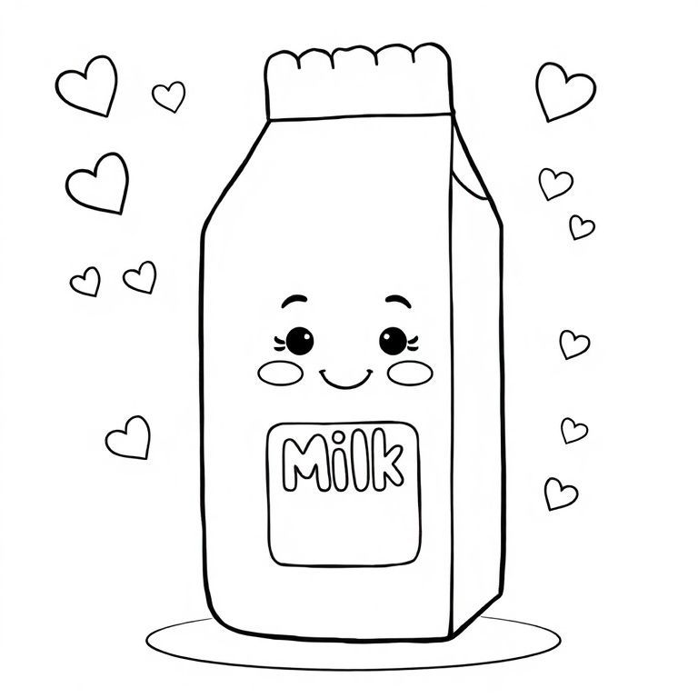 Một hộp sữa tròn với hình hộp mịn, khuôn mặt cười ở mặt trước, đôi má nhỏ ửng hồng, nhãn sữa đơn giản. Các cạnh thùng carton hơi cong để tạo độ mềm. Trái tim nhỏ, ngôi sao và bong bóng nổi làm yếu tố nền. Đường viền dày, sạch sẽ cho trang tô màu dành cho trẻ em.