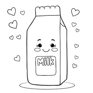 Một hộp sữa tròn với hình hộp mịn, khuôn mặt cười ở mặt trước, đôi má nhỏ ửng hồng, nhãn sữa đơn giản. Các cạnh thùng carton hơi cong để tạo độ mềm. Trái tim nhỏ, ngôi sao và bong bóng nổi làm yếu tố nền. Đường viền dày, sạch sẽ cho trang tô màu dành cho trẻ em.